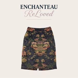 Oriental Pencil Skirt Womens 4 Brown Embroidered Back Slit Floral Satin Lined